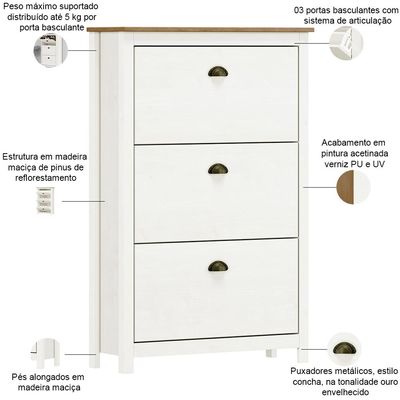 Sapateira Vertical 3 Portas Madeira Maciça Mazzaro F06 Branco Freijó - Lyam Decor