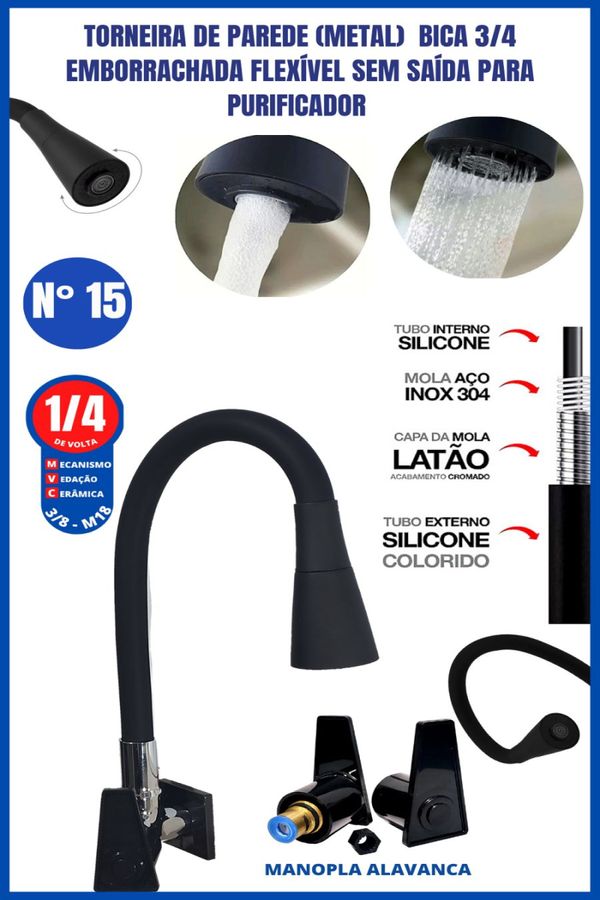 Torneira De Parede Metal Bica 3/4 Emborrachada Flexível Sem Saída Para Purificador