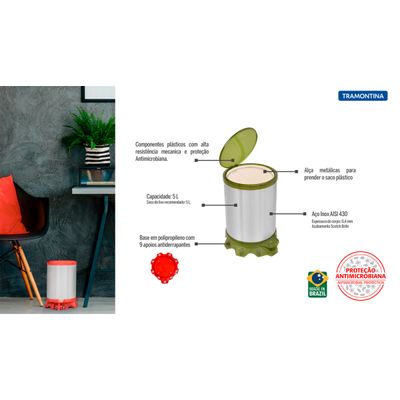 Lixeira Inox Tramontina Sofie Inox Acetinado e Detalhes em Plástico Translúcido Verde com Pedal 5 L