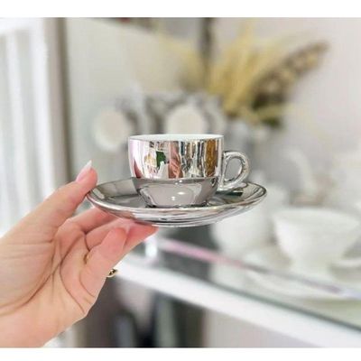 Conjunto De Xícara De Café 6 Peças De Porcelana Com Suporte Versa Prata-branco 90 Ml Wolff