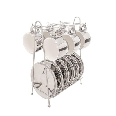 Conjunto De Xícara De Café 6 Peças De Porcelana Com Suporte Versa Prata-branco 90 Ml Wolff