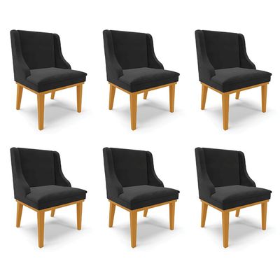 Kit 6 Cadeiras Decorativas Sala de Jantar Base Fixa de Madeira Firenze Veludo Preto/Castanho G19 - Gran Belo