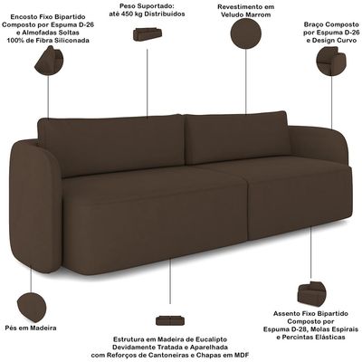 Sofá 3 Lugares Sala Living Orgânico 240cm Oregon K01 Veludo Marrom - Lyam Decor