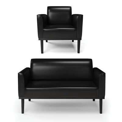 Conjunto Poltrona e Namoradeira Decorativa Isabella Pés Fixo em Madeira PU Preto Brilho G19 - Gran Belo