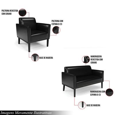 Conjunto Poltrona e Namoradeira Decorativa Isabella Pés Fixo em Madeira PU Preto Brilho G19 - Gran Belo