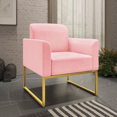 Conjunto Namoradeira e Poltrona Decorativa Isabella Base Industrial Suede Rosa Bebê/Dourado - Gran Belo