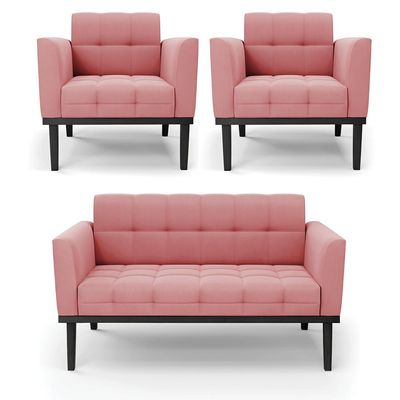Conjunto 2 Poltronas e 1 Namoradeira Decorativa Karen Pés Fixo em Madeira Preto Suede Rose G19 - Gran Belo