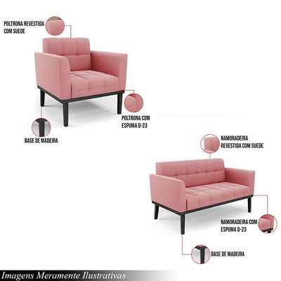 Conjunto 2 Poltronas e 1 Namoradeira Decorativa Karen Pés Fixo em Madeira Preto Suede Rose G19 - Gran Belo