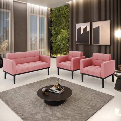 Conjunto 2 Poltronas e 1 Namoradeira Decorativa Karen Pés Fixo em Madeira Preto Suede Rose G19 - Gran Belo