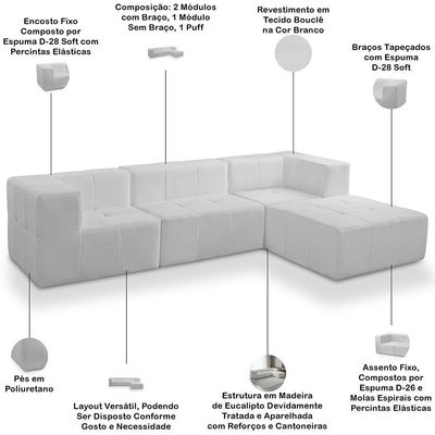 Sofá 4 Lugares Para Sala Living Modular Com Puff 264cm Lancaster F04 Bouclê Branco - Lyam Decor