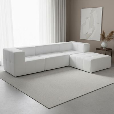 Sofá 4 Lugares Para Sala Living Modular Com Puff 264cm Lancaster F04 Bouclê Branco - Lyam Decor