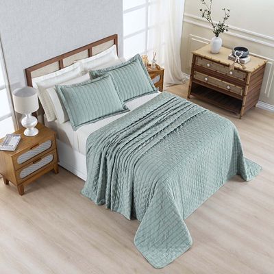 Kit Colcha Cobre Leito Plissê Queen Seersucker Premium 3 Peças Maciez e Leveza com Textura 3D Verde Essencial