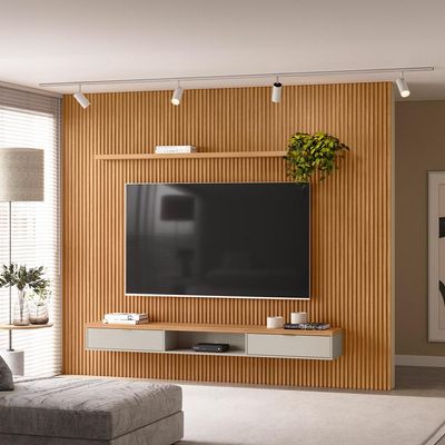 Painel Ripado Para TV 75 Pol Slats e Bancada Lisa 297x250cm L05 Nature Off White - Lyam Decor