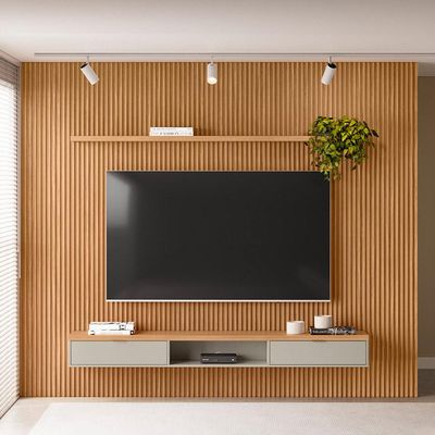 Painel Ripado Para TV 75 Pol Slats e Bancada Lisa 297x250cm L05 Nature Off White - Lyam Decor