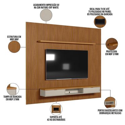 Painel Ripado Para TV 75 Pol Slats e Bancada Lisa 297x250cm L05 Nature Off White - Lyam Decor