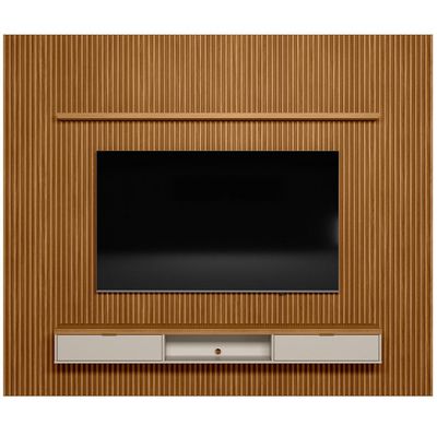 Painel Ripado Para TV 75 Pol Slats e Bancada Lisa 297x250cm L05 Nature Off White - Lyam Decor