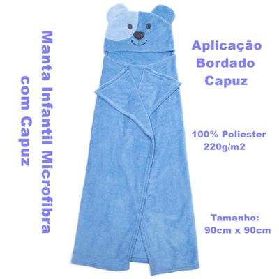 Manta com Capuz Buettner Microfibra Infantil Ursinho Feliz 90cmx90cm Azul