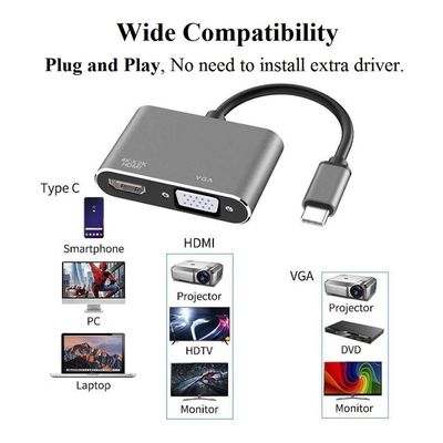 Adaptador 2x1 Type-C Para HDMI / VGA Compativel: Macbook, Notebook e Celular KP-AD119