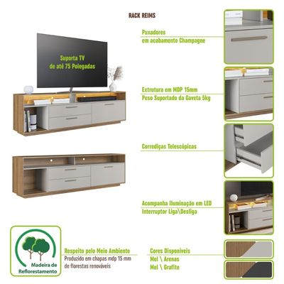 Rack Para Tv Até 75 Polegadas Com Iluminação Led Reims Grafite