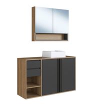 Gabinete de Banheiro 110cm Antônia com Espelheira 02 portas Mel/Grafite e Cuba Branca