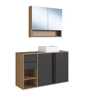 Gabinete de Banheiro 110cm Antônia com Espelheira 02 portas Mel/Grafite e Cuba Branca