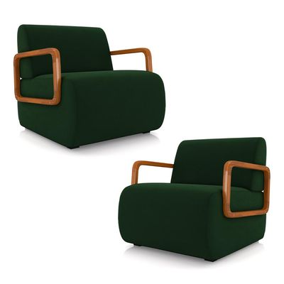 Kit 2 Poltronas Decorativa Sala de Estar Odessa Braços em Madeira Veludo Verde G33 - Gran Belo