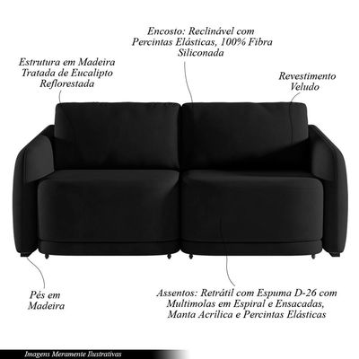 Sofá Cama Modulado Retrátil e Reclinável Decorativo Varsóvia 236cm Veludo Preto G33 - Gran Belo