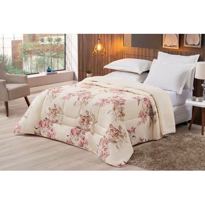 Coberdrom Sherpa/Percal 180 Fios Estampado King Gran Moratta 01 Peça - Caqui Floral