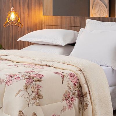 Coberdrom Sherpa/Percal 180 Fios Estampado King Gran Moratta 01 Peça - Caqui Floral