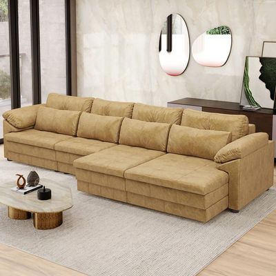 Sofá Retrátil Para Sala de Estar 4 Lugares 339cm Riza S03 Couro Soft Bege - Lyam Decor
