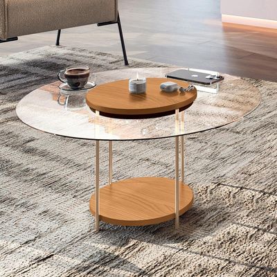 Mesa de Centro Para Sala Redonda Tampo Vidro Pés Aço Allure B01 Cinamomo - Lyam Decor