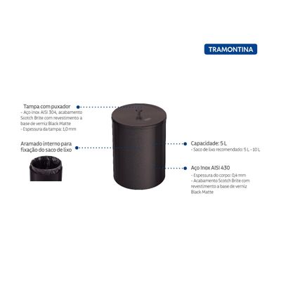 LIXEIRA TRAMONTINA ÚTIL AÇO INOX SCOTCH BRITE EM REVESTIMENTO ESPECIAL A BASE DE VERNIZ BLACK MATTE 5L 94540/084