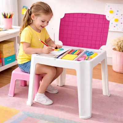 Kit 4 Mesinhas Plásticas Tramontina para Atividades Infantis Rosa com Compartimento para Organizar