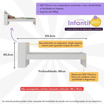 Cama De Solteiro Para Colchão 188 X 78cm Com Baú Embutido Multimóveis Mp4229 Branco Branco