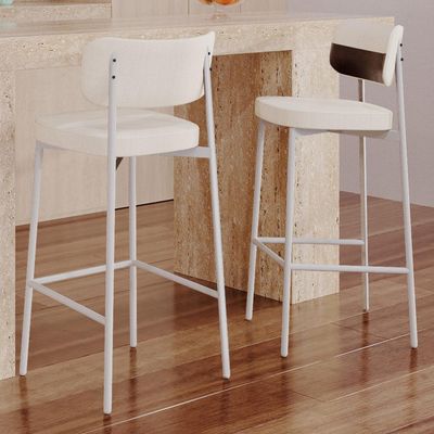 Kit 02 Banquetas Alta Bar Cozinha Sala De Jantar Aço Branco Kaira C01 Linho Palha Courino Café - Lyam Decor