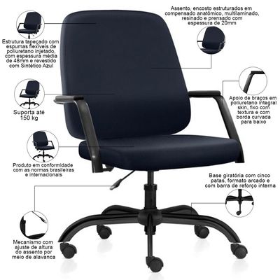 Cadeira Executiva Diretor Base Giratória Hub F02 Sintético Azul - Lyam Decor