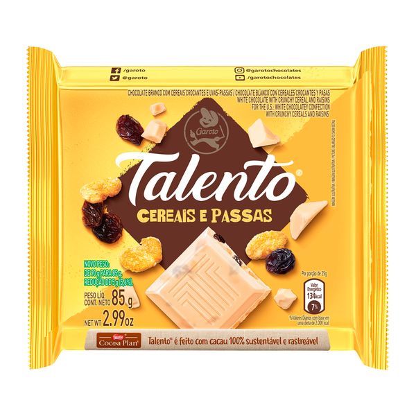 Chocolate Talento Branco Cereais e Passas 85g Chocolate Talento Branco Cereais e Passas 85g