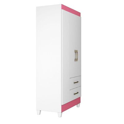 Guarda Roupa Solteiro Quarto Pequeno 3 Portas 2 Gavetas Lima Branco Com Rosa