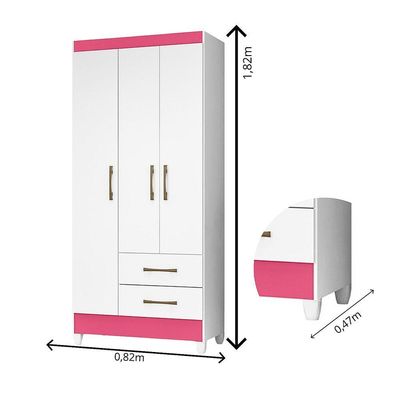 Guarda Roupa Solteiro Quarto Pequeno 3 Portas 2 Gavetas Lima Branco Com Rosa