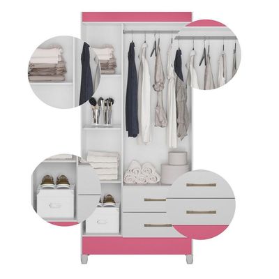Guarda Roupa Solteiro Quarto Pequeno 3 Portas 2 Gavetas Lima Branco Com Rosa