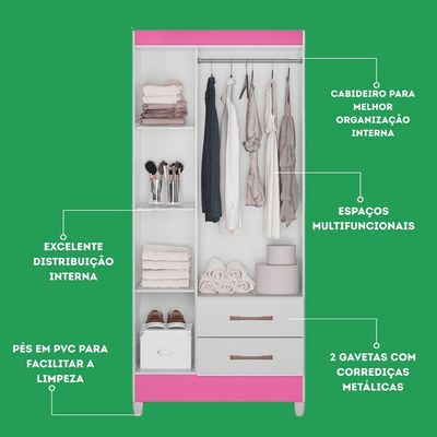 Guarda Roupa Solteiro Quarto Pequeno 3 Portas 2 Gavetas Lima Branco Com Rosa