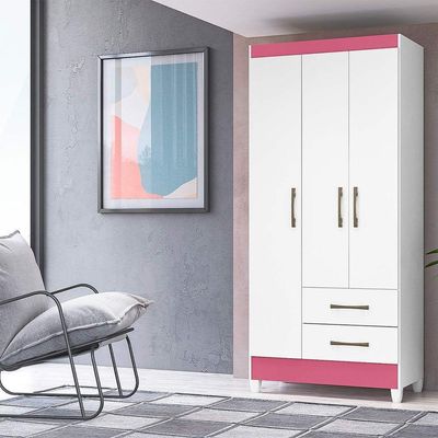 Guarda Roupa Solteiro Quarto Pequeno 3 Portas 2 Gavetas Lima Branco Com Rosa