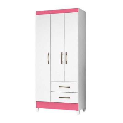 Guarda Roupa Solteiro Quarto Pequeno 3 Portas 2 Gavetas Lima Branco Com Rosa