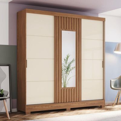 Guarda Roupa 3 Portas Deslizantes 2 Gavetas E Pés Em Abs Nature Com Off White