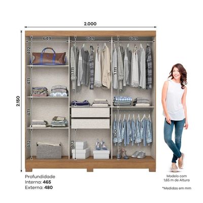 Guarda Roupa 3 Portas Deslizantes 2 Gavetas E Pés Em Abs Nature Com Off White