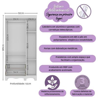 Guarda-roupa Infantil 92cm 3 Portas E 2 Gavetas Dengo Multimóveis Mp4437 Branco/madeirado Branco/madeirado