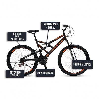 Bicicleta Gps 148 Dupla Suspensão E Freios V-brake, Aro 26 Aero, 36 Raias, 21 Marchas Colli Preto-laranja