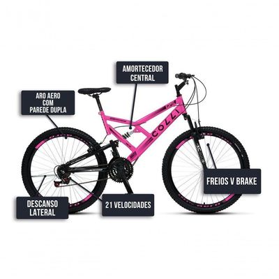 Bicicleta Gps 148 Dupla Suspensão E Freios V-brake, Aro 26 Aero, 36 Raias, 21 Marchas Colli Rosa