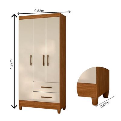 Guarda Roupa Solteiro Quarto Pequeno 3 Portas 2 Gavetas Lima Freijo Com Off White
