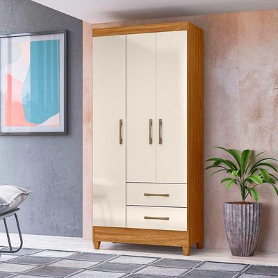 Guarda Roupa Solteiro Quarto Pequeno 3 Portas 2 Gavetas Lima Freijo Com Off White